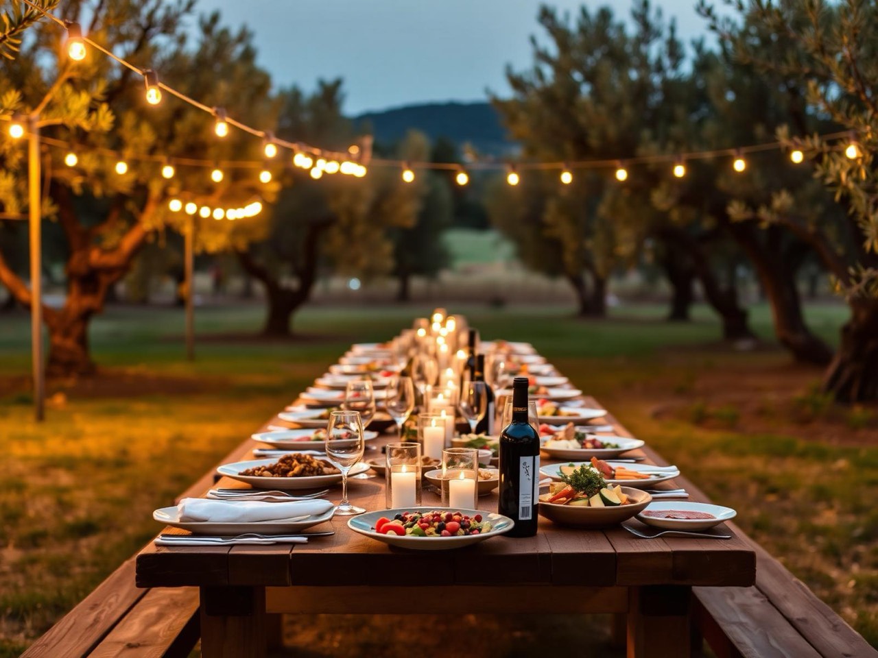 Garden-to-table communal dinner under string lights