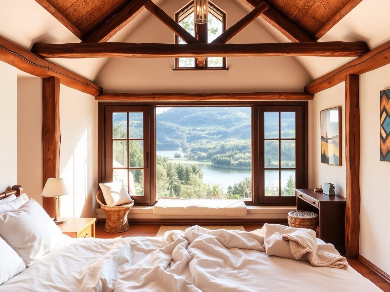 Cozy lodge bedroom with lake view