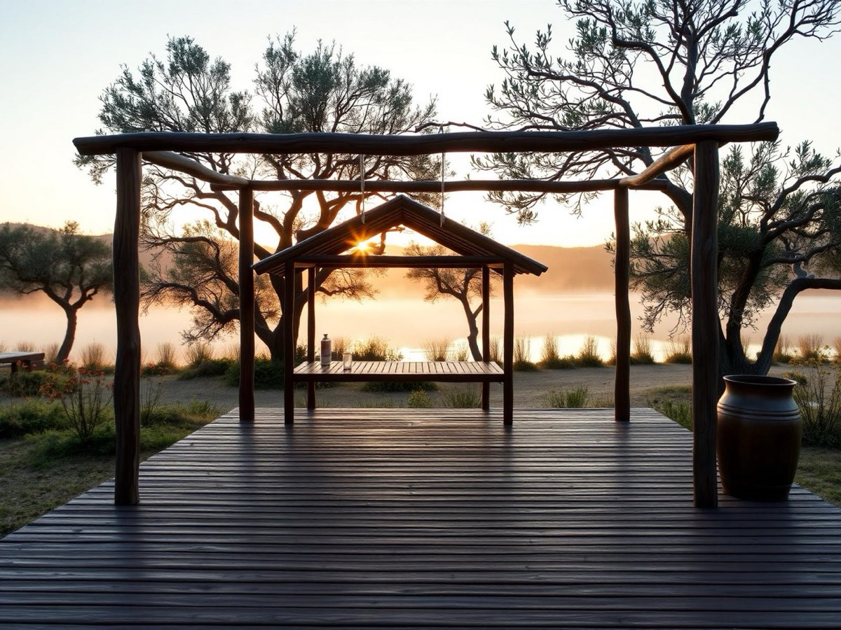 Wooden yoga shala on the lake at sunrise